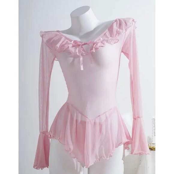 Pink Long-Sleeve Sheer Ruffle Sleep Shirt Top*Thong* V-Neck*Tie*Sissy*XL*New - Picture 1 of 10